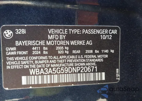 2013 BMW 328I from USA, damaged, VIN WBA3A5G59DNP20671